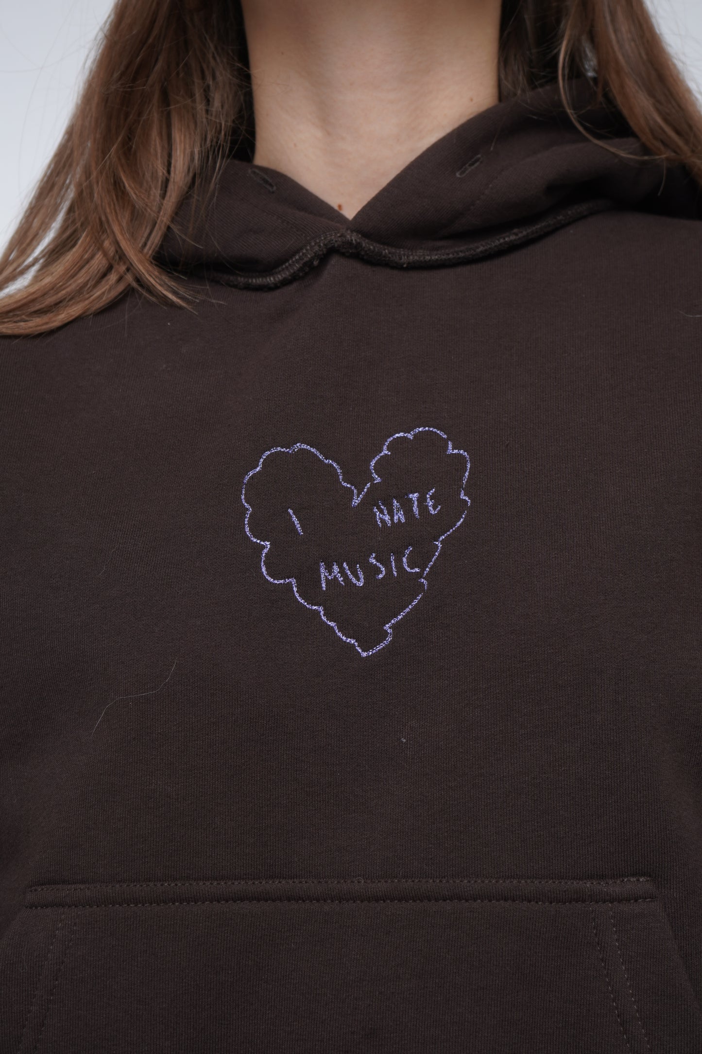 Brown embroidered hoodie 'I hate music'