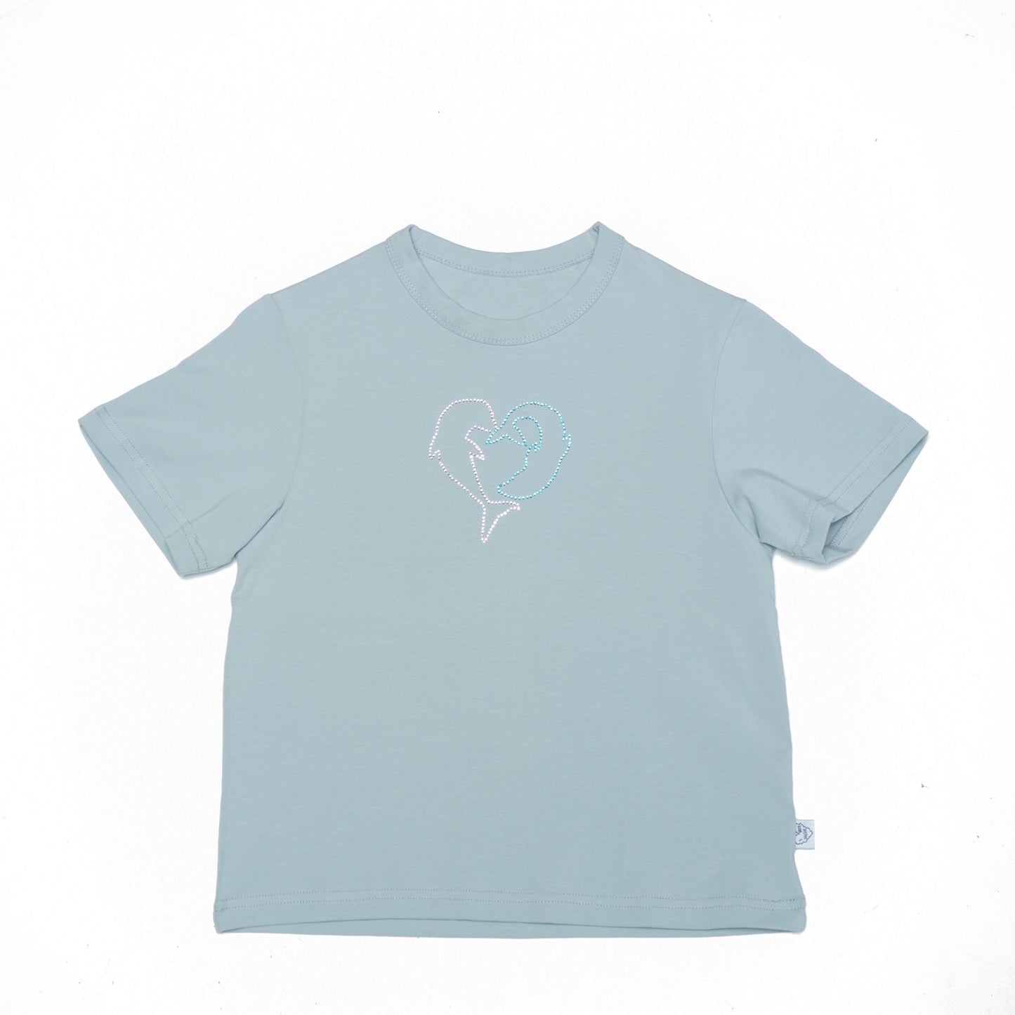 'Dolphin love' – Baby Tee with Rhinestone Dolphins – Light Blue Fitted Y2K Top