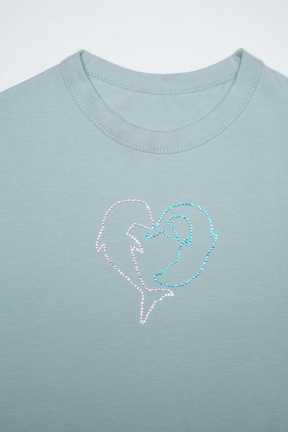 'Dolphin love' – Baby Tee with Rhinestone Dolphins – Light Blue Fitted Y2K Top