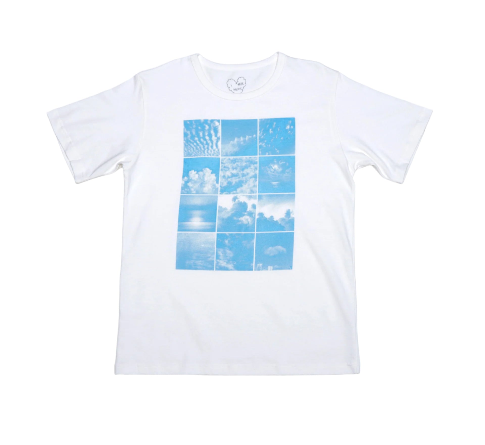 A white t-shirt with a blue geometric pattern featuring cloud images.