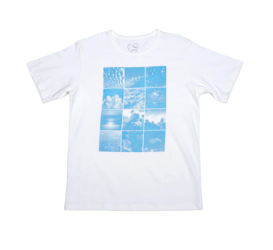 A white t-shirt with a blue geometric pattern featuring cloud images.