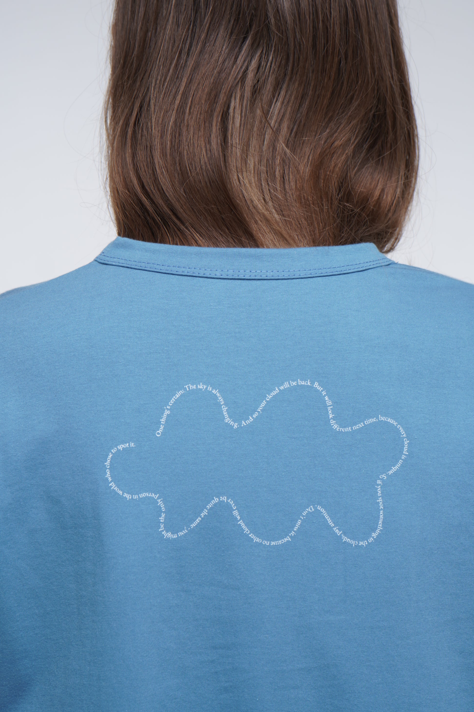 Blue unisex 100% cotton T-shirt with silkscreen printed sky-inspired artwork, made in Kyiv.