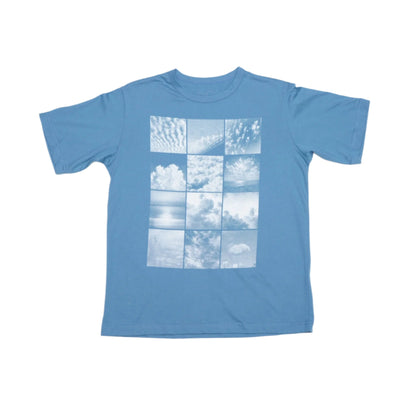 A blue t-shirt with a central graphic of a grid of white cloud images against a blue background.