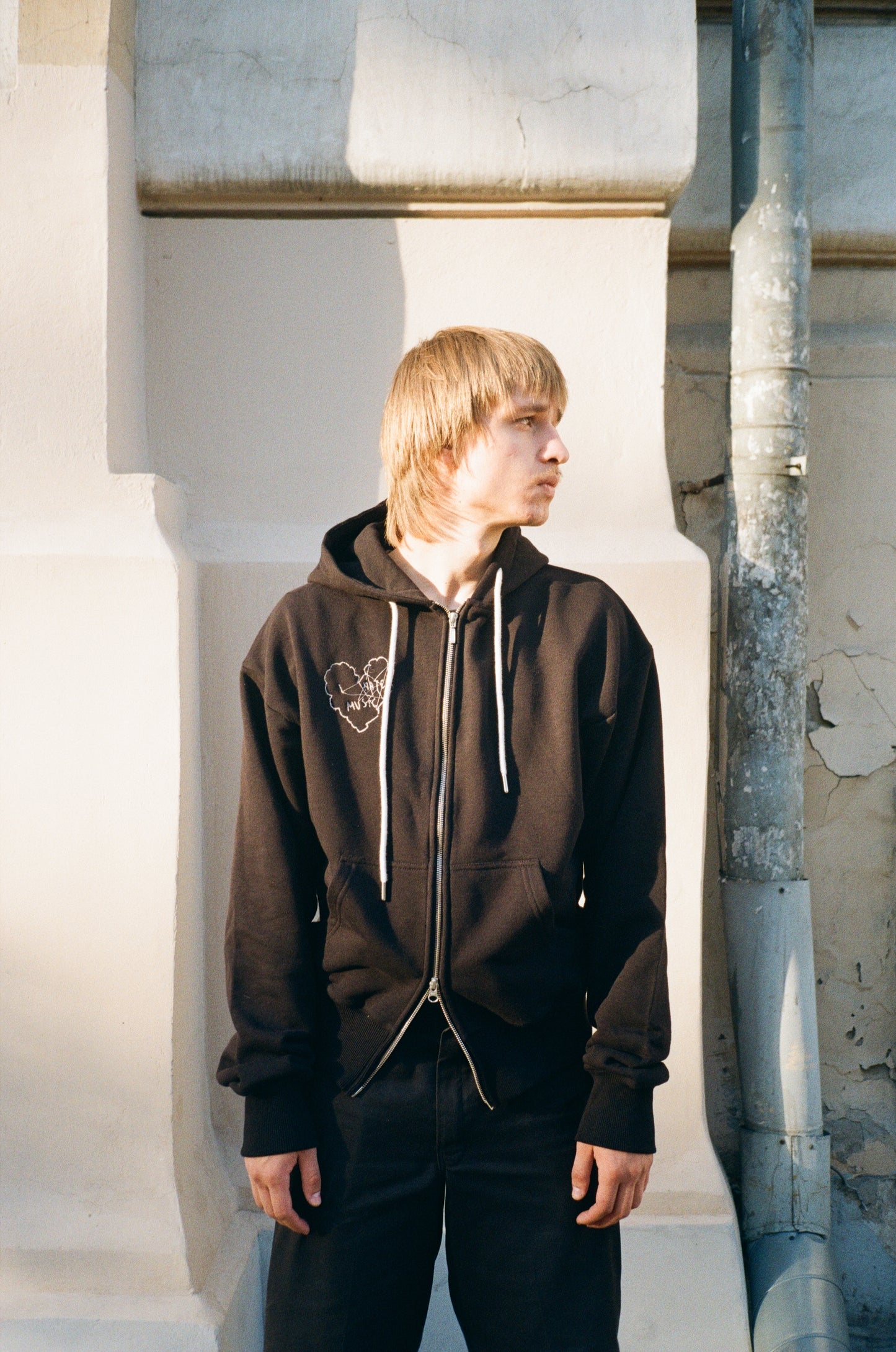 Black graphic zip hoodie, unisex streetwear hoodie, cotton hoodie outfit, minimalist fashion, casual urban look, Kyiv brand clothing