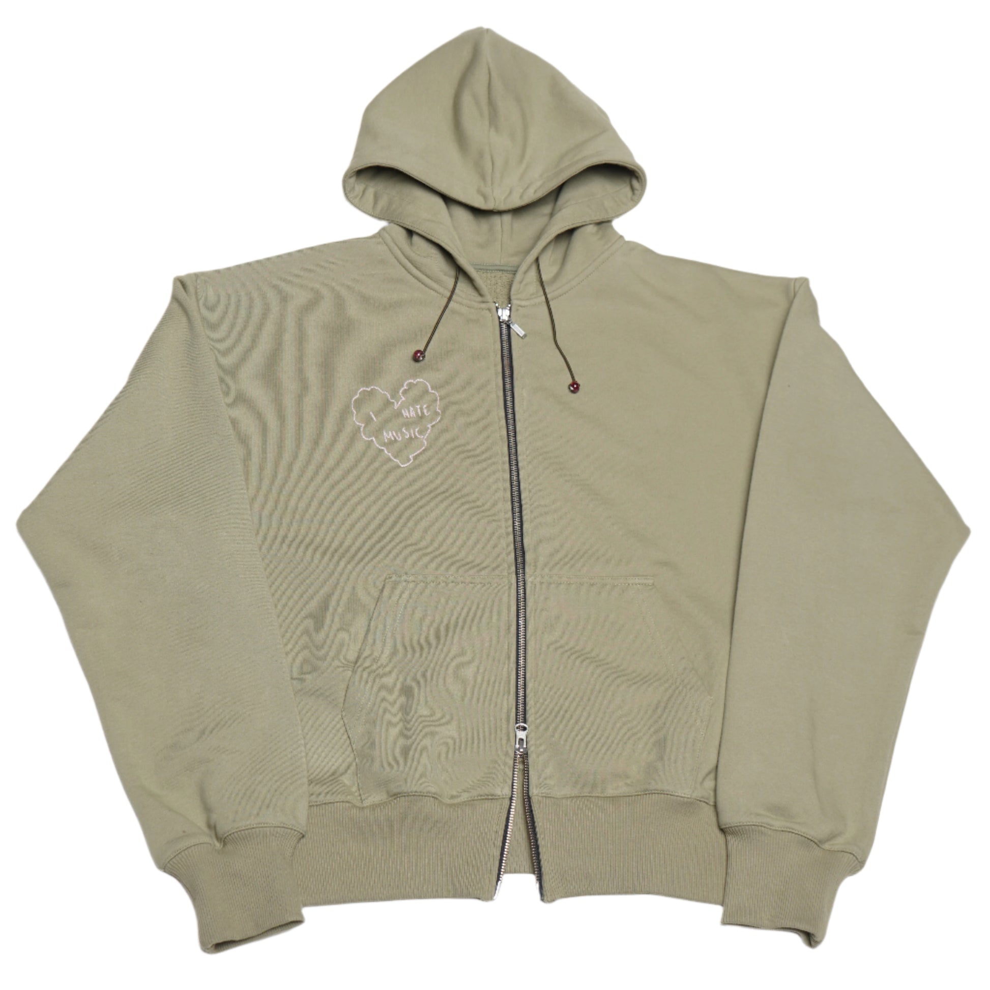  green hoodie with textile embroidery on the front and a double zip (ykk).