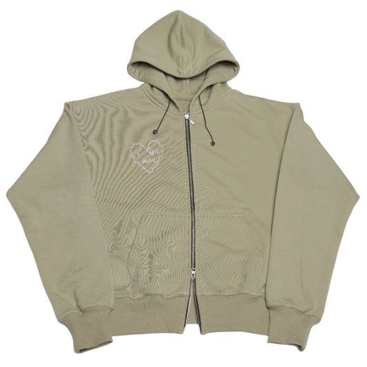  green hoodie with textile embroidery on the front and a double zip (ykk).